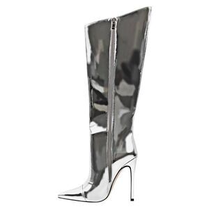 (T-4395)  Only Maker Women's Mid Calf Boots, Knee High Boots, Silver Sz 10